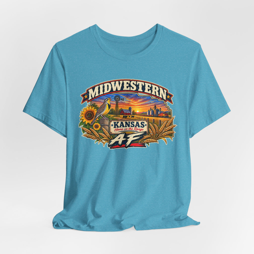 Heather aqua Kansas AF tee draped flat, artwork shown in full detail