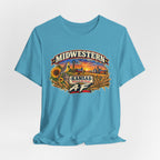 Heather aqua Kansas AF tee draped flat, artwork shown in full detail