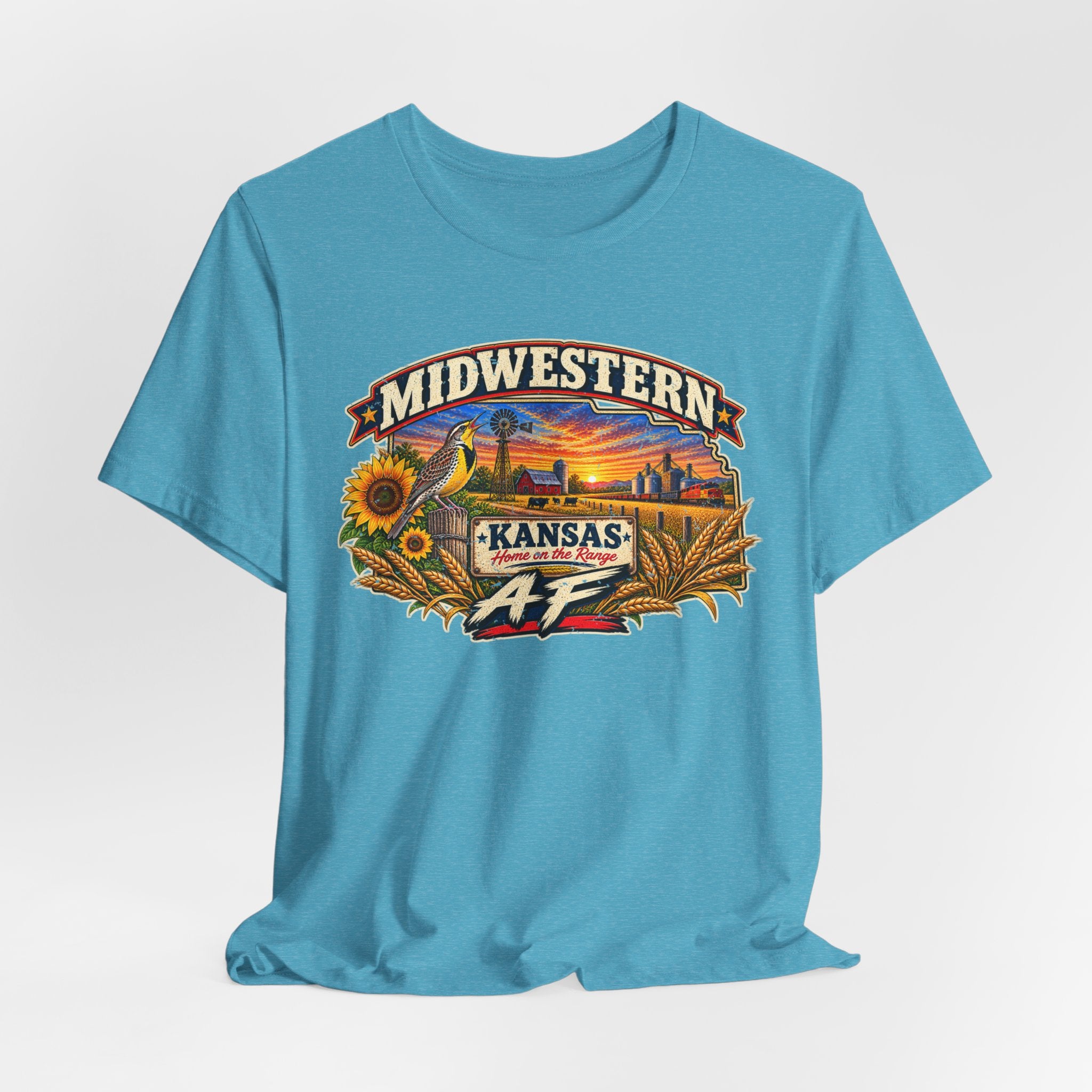Heather aqua Kansas AF tee draped flat, artwork shown in full detail