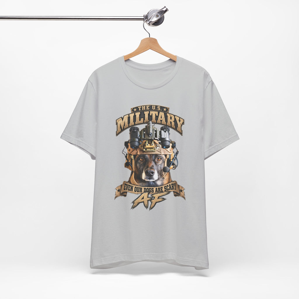 Military K-9 T-shirt in Solid Athletic Grey shown on a hanger