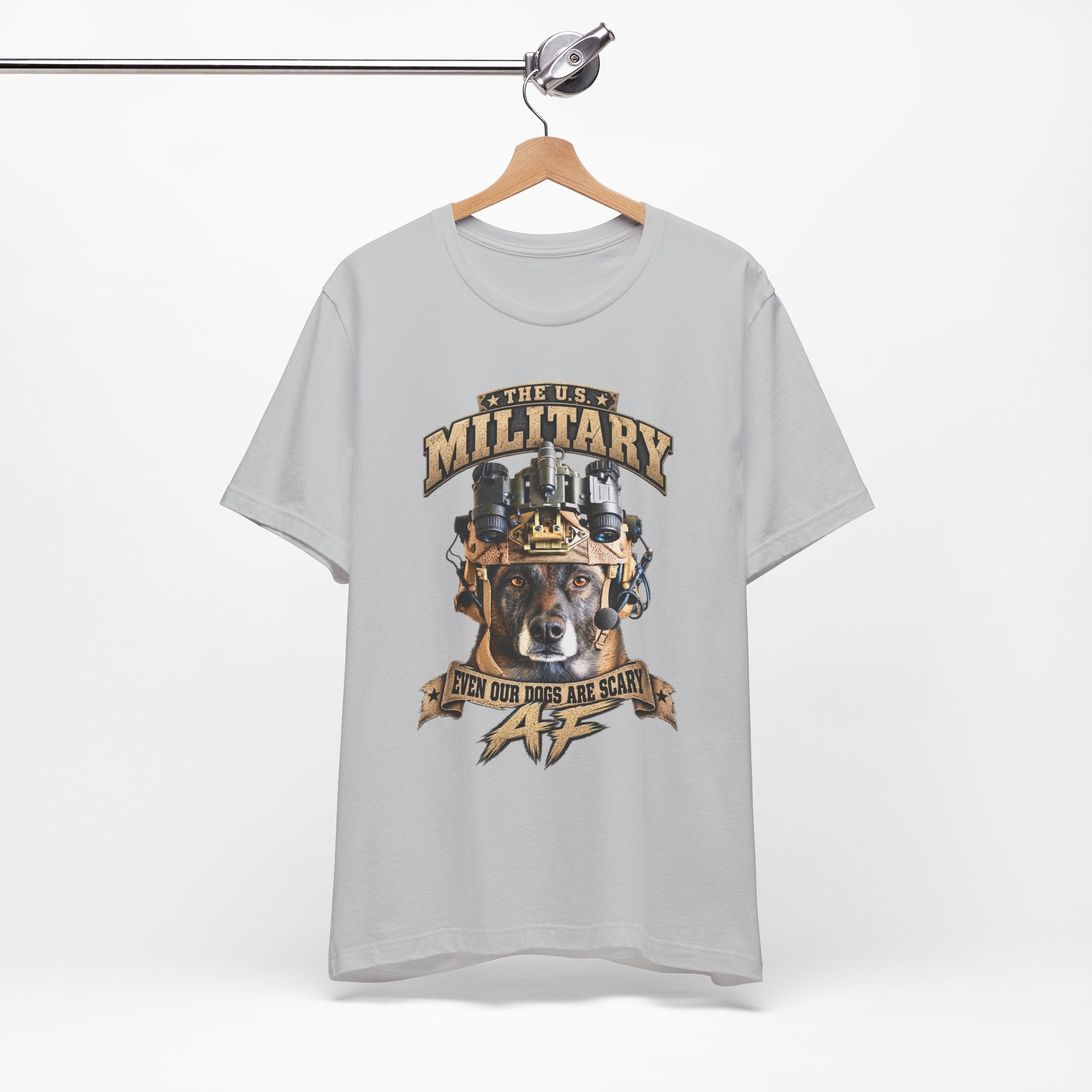 Military K-9 T-shirt in Solid Athletic Grey shown on a hanger