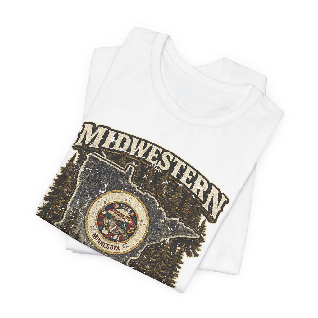 Slightly Salty Midwestern As F**K Minnesota T-Shirt – product photo 21 featuring the distressed state flag, pine trees, loon and walleye design