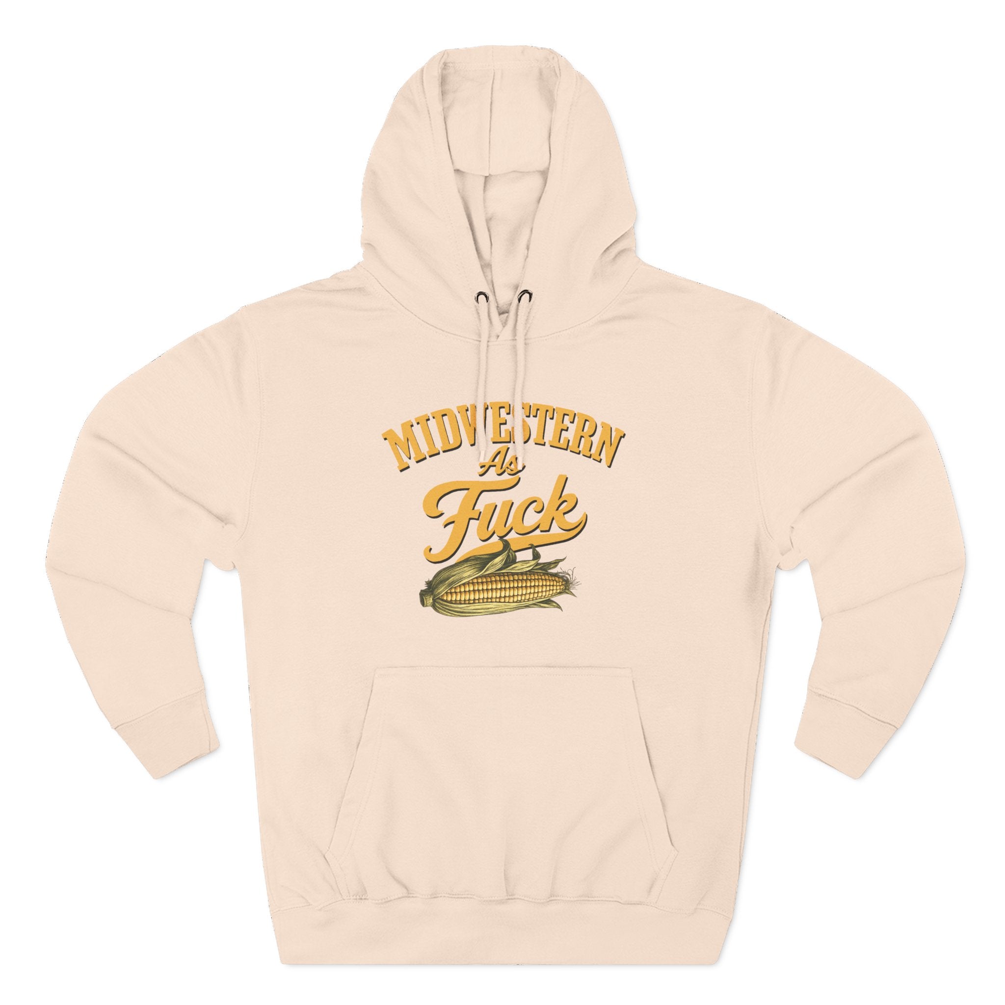 Oatmeal heather hoodie laid flat, front view, featuring the corn graphic and bold 'Midwestern As Fuck' script.