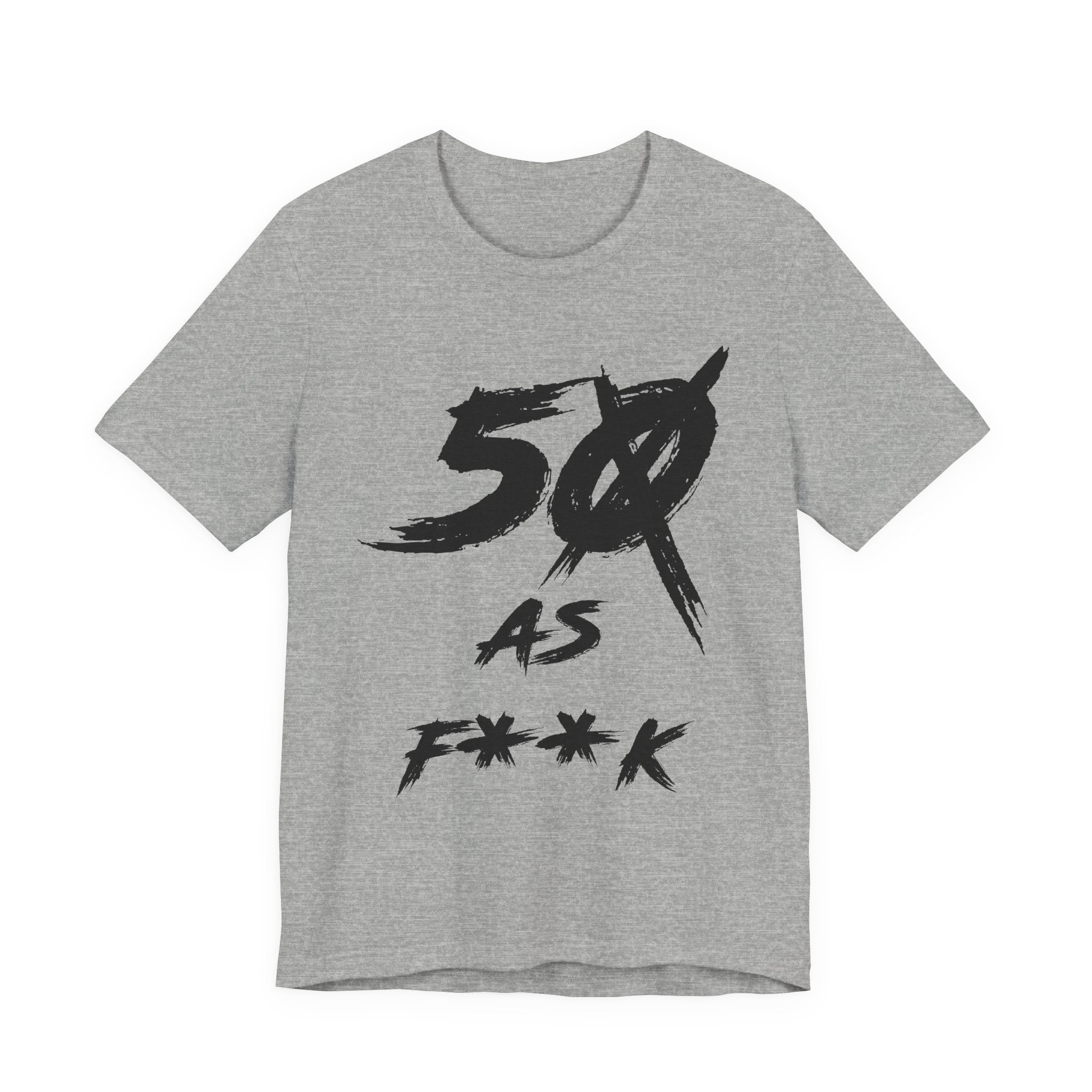 Athletic Heather tee laid flat showing the slashed-zero version of the 50 AS F**K print in black