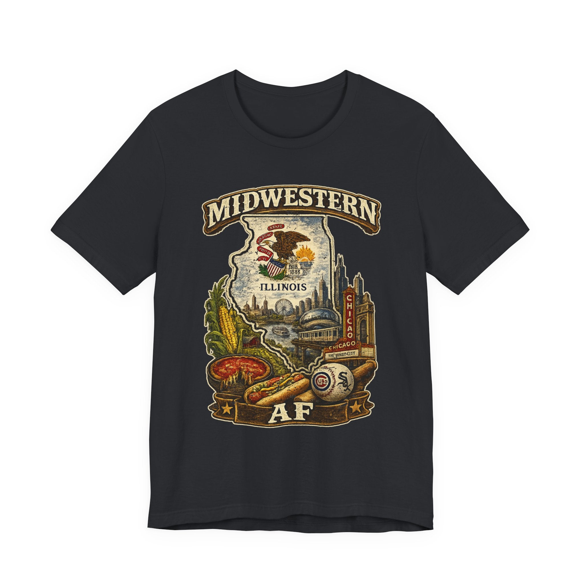 Family Friendly Midwestern AF Illinois T-Shirt in Vintage Black – a distressed vintage design featuring the Illinois state outline overlaid with the state flag, surrounded by the Chicago skyline, the Chicago Theatre sign, The Bean, deep-dish pizza, a Chicago-style hot dog, and towering corn fields