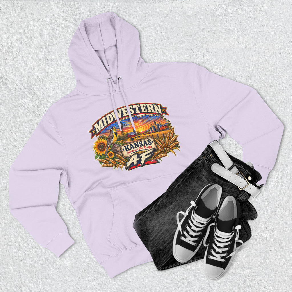 Lilac Kansas AF hoodie flat-lay styled with jeans and high-top sneakers