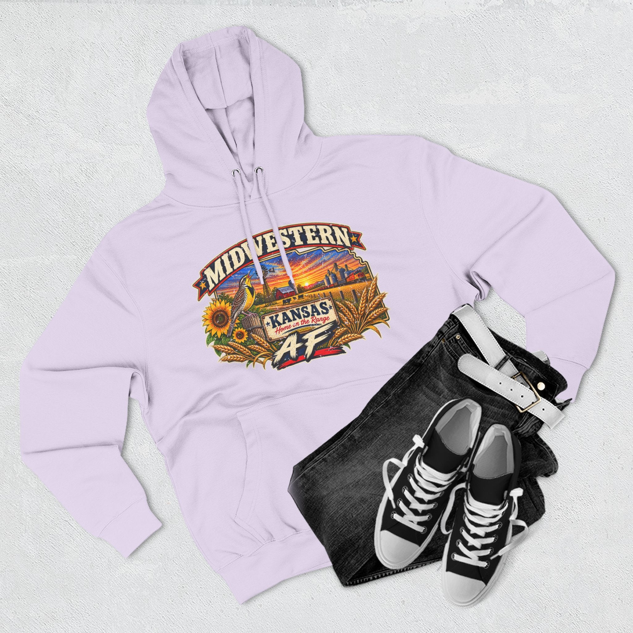Lilac Kansas AF hoodie flat-lay styled with jeans and high-top sneakers