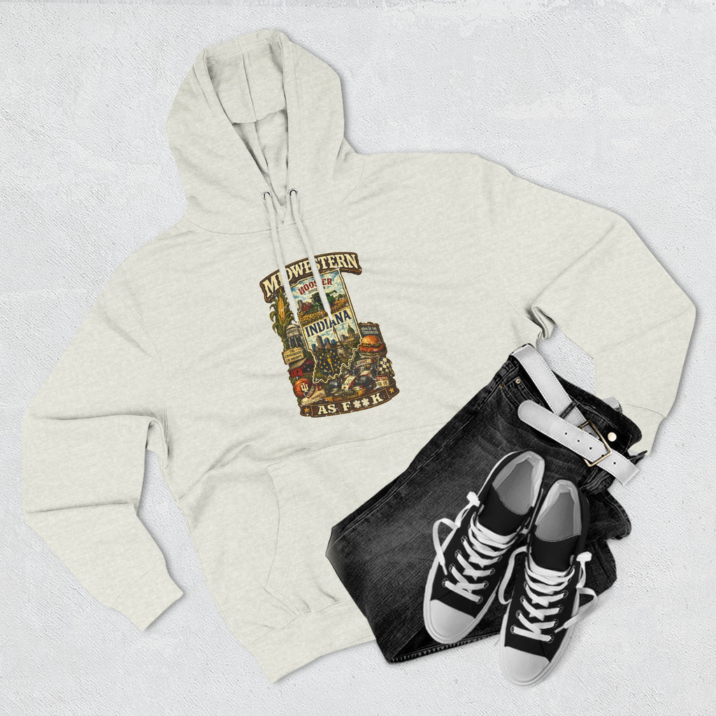 Indiana Midwestern As F**K Hoodie on Lane Seven fleece, slightly salty Indianapolis skyline and Indy 500 graphic