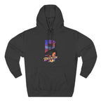 Black hoodie, flat lay front view, oversized B with a colorful Brooklyn Bridge sunset skyline graphic and Brooklyn AF logo.