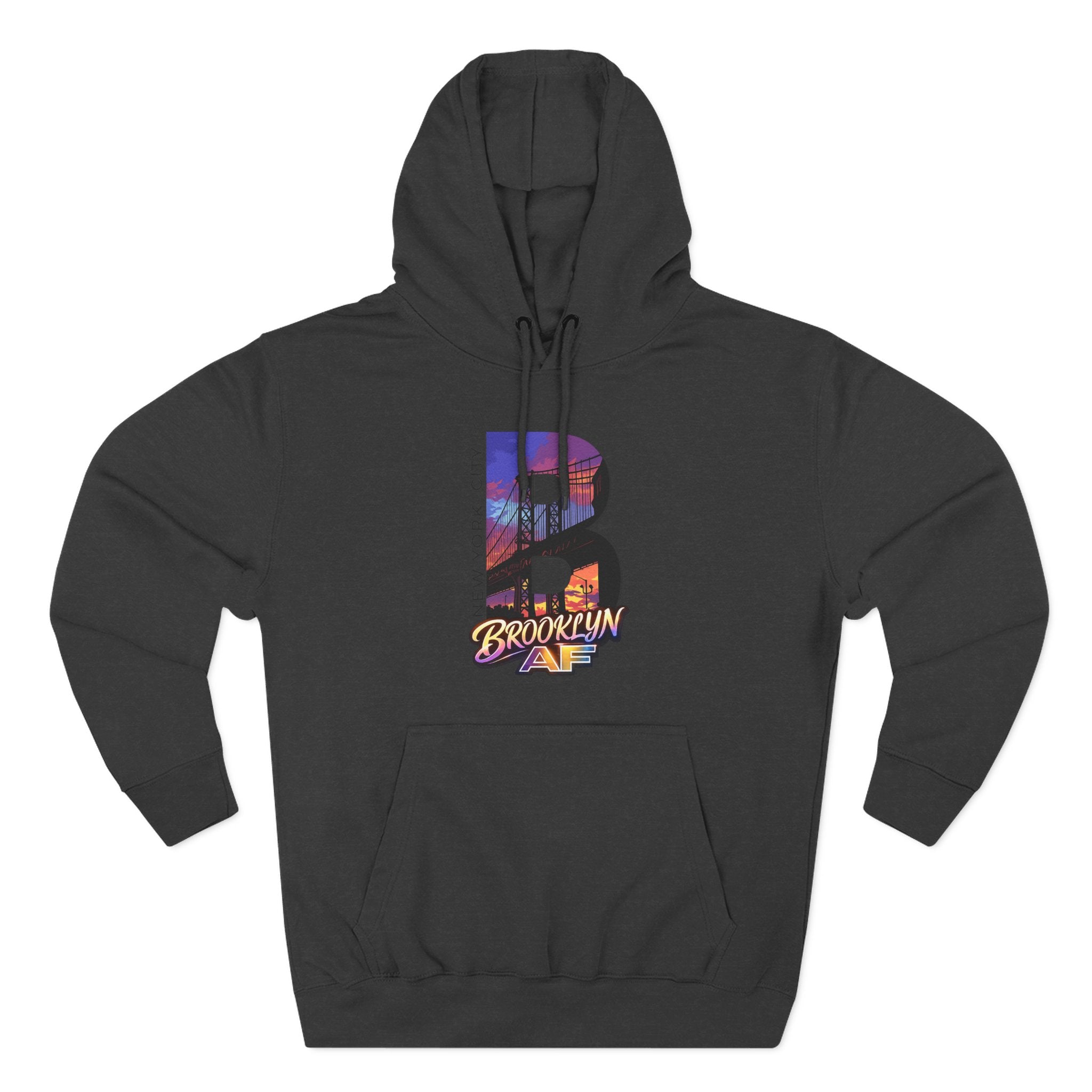 Black hoodie, flat lay front view, oversized B with a colorful Brooklyn Bridge sunset skyline graphic and Brooklyn AF logo.