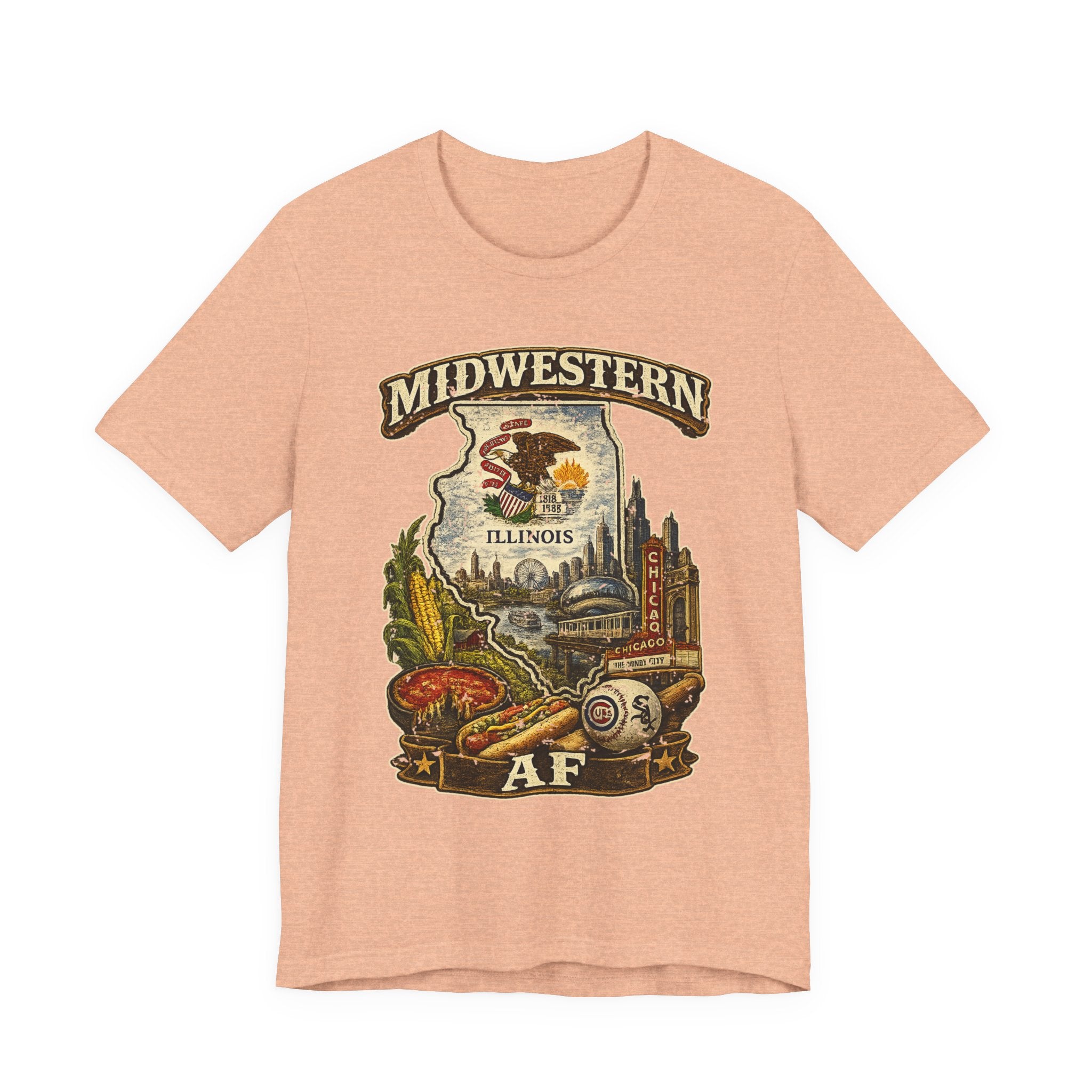 Family Friendly Midwestern AF Illinois T-Shirt in Heather Peach – a distressed vintage design featuring the Illinois state outline overlaid with the state flag, surrounded by the Chicago skyline, the Chicago Theatre sign, The Bean, deep-dish pizza, a Chicago-style hot dog, and towering corn fields