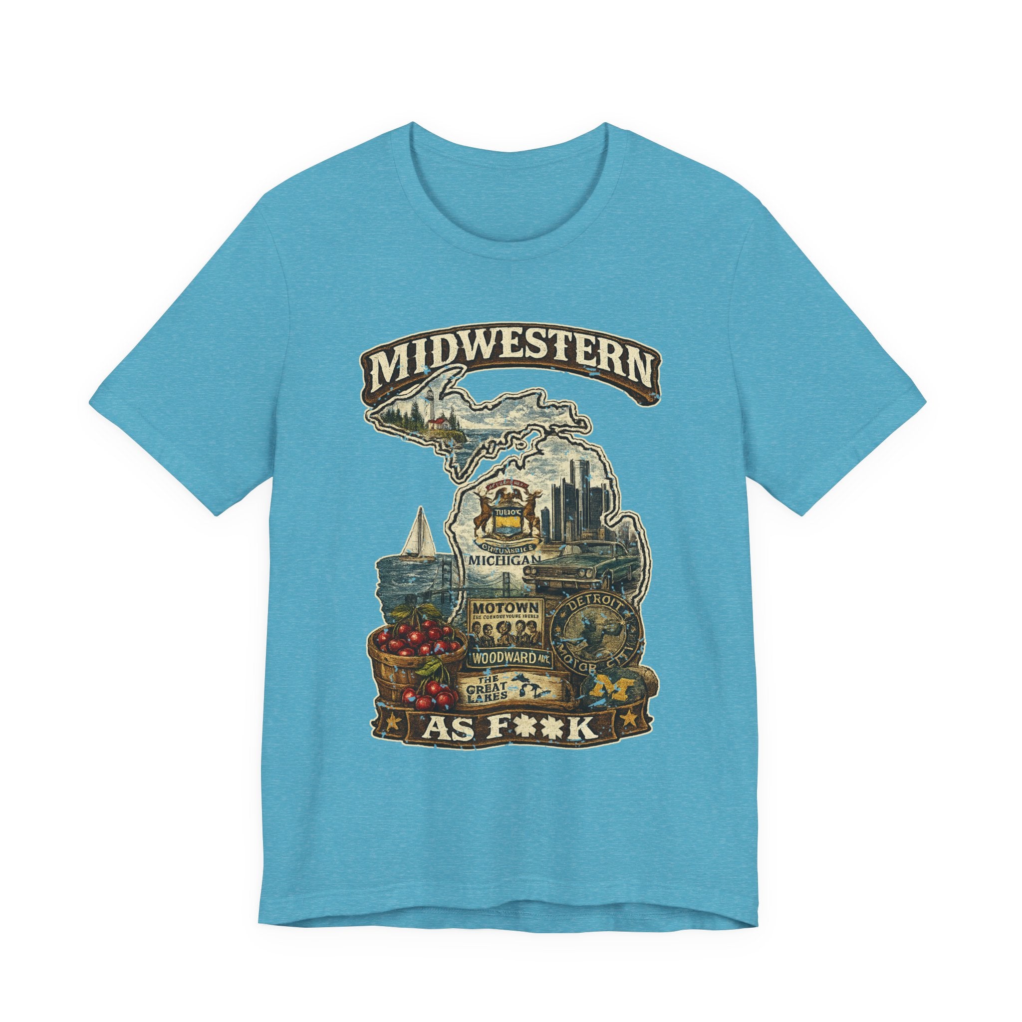 Slightly Salty Midwestern As F**K Michigan T-Shirt in Heather Aqua – a distressed vintage design featuring Michigan's Upper and Lower Peninsulas overlaid with the state outline, surrounded by Detroit's skyline, Woodward Avenue, the Great Lakes, and Traverse City cherries