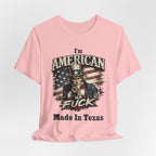 Pink flat lay tee with Uncle Sam graphic and "I'm American As Fuck, Made In Texas" text