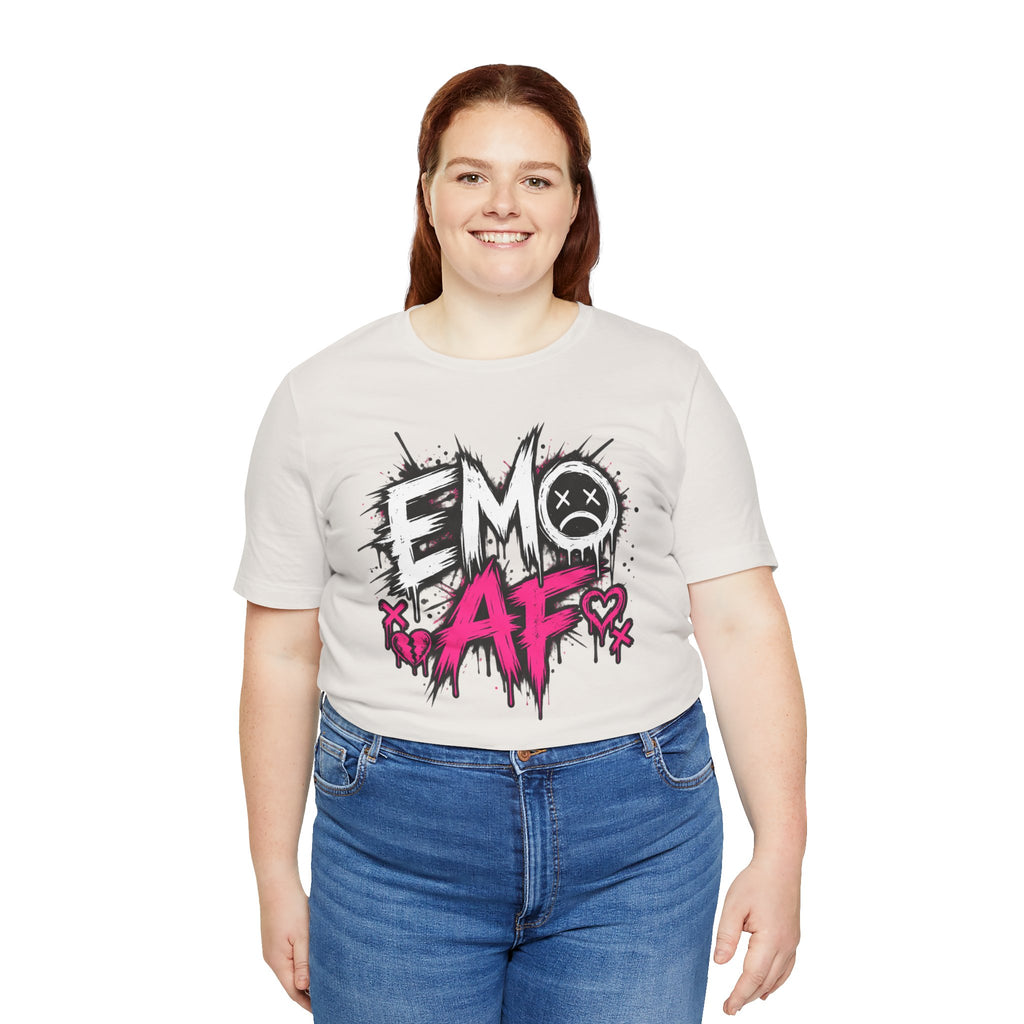 Woman wearing the Vintage White EMO AF T-Shirt with jeans