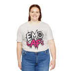 Woman wearing the Vintage White EMO AF T-Shirt with jeans
