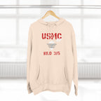 Personalized USMC Marine Corps AF hoodie in Sandshell on a wooden hanger in a bright room