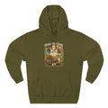 Family Friendly Midwestern AF Iowa Hoodie in Army Green – a distressed vintage design featuring the outline of Iowa overlaid with the Iowa state flag, surrounded by towering corn stalks, rolling farmland, a classic red barn, a windmill, a tractor, and an overflowing harvest basket
