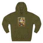 Family Friendly Midwestern AF Iowa Hoodie in Army Green – a distressed vintage design featuring the outline of Iowa overlaid with the Iowa state flag, surrounded by towering corn stalks, rolling farmland, a classic red barn, a windmill, a tractor, and an overflowing harvest basket
