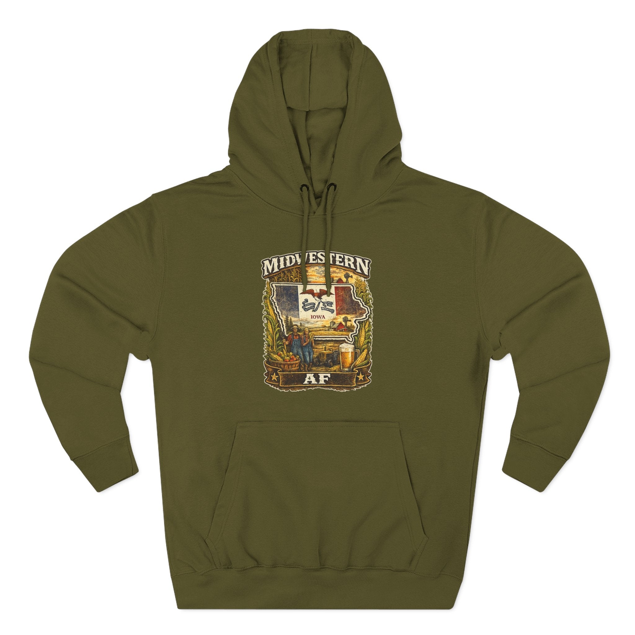 Family Friendly Midwestern AF Iowa Hoodie in Army Green – a distressed vintage design featuring the outline of Iowa overlaid with the Iowa state flag, surrounded by towering corn stalks, rolling farmland, a classic red barn, a windmill, a tractor, and an overflowing harvest basket
