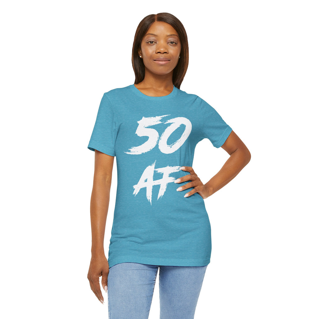Woman posing with hand on hip in the Heather Aqua 50 AF birthday tee