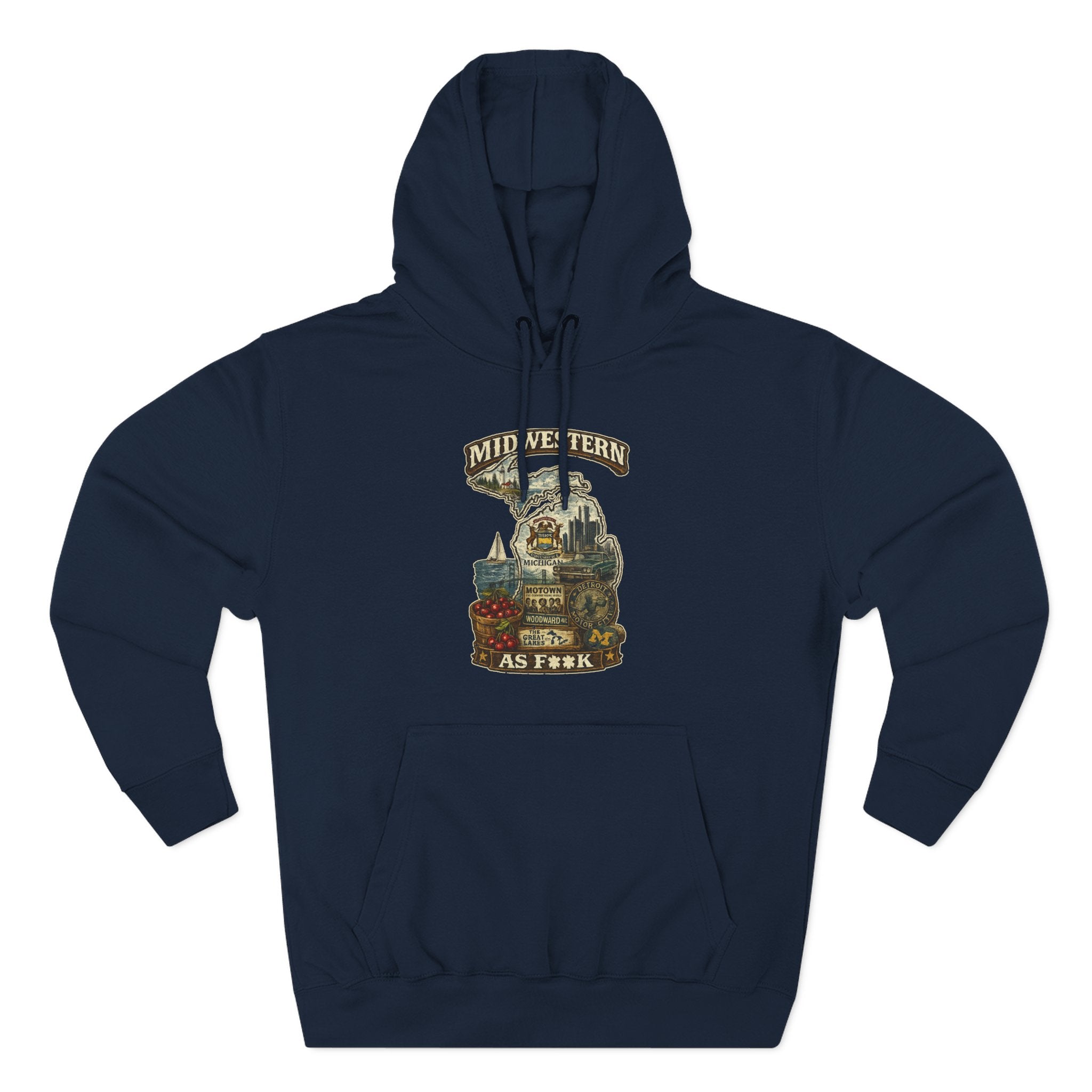 Slightly Salty Midwestern As F**K Michigan Hoodie in Navy – a distressed vintage design featuring Michigan's Upper and Lower Peninsulas overlaid with the state outline, surrounded by Detroit's skyline, Woodward Avenue, the Great Lakes, and Traverse City cherries