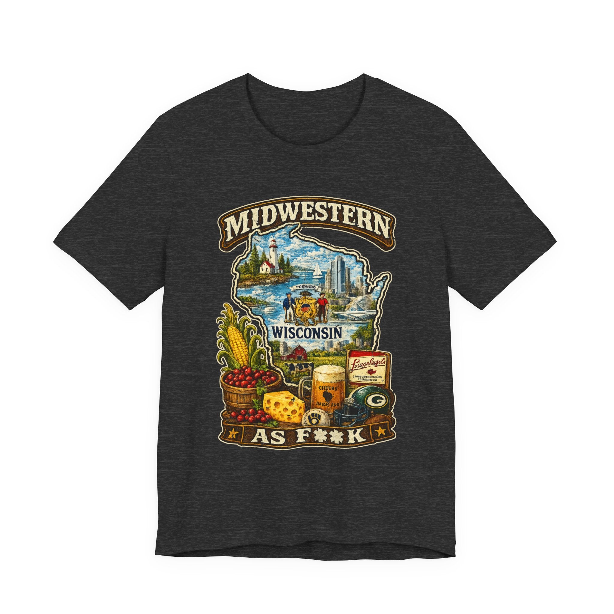 Dark Grey Heather Midwestern As F**K Wisconsin T-Shirt, slightly salty Cheesehead State pride tee