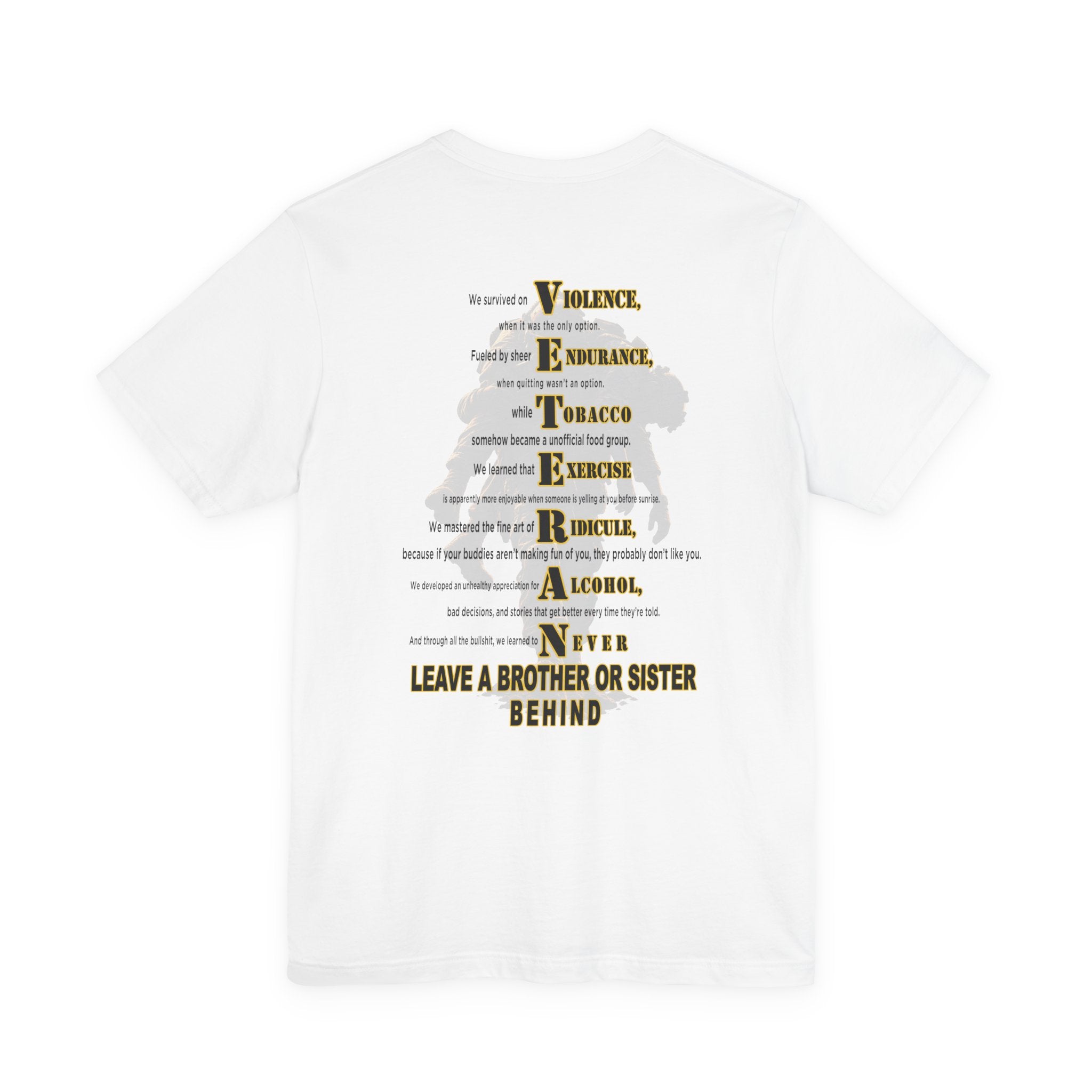 Army veteran tee in White with the VETERAN acrostic back print over a soldier carrying a wounded comrade