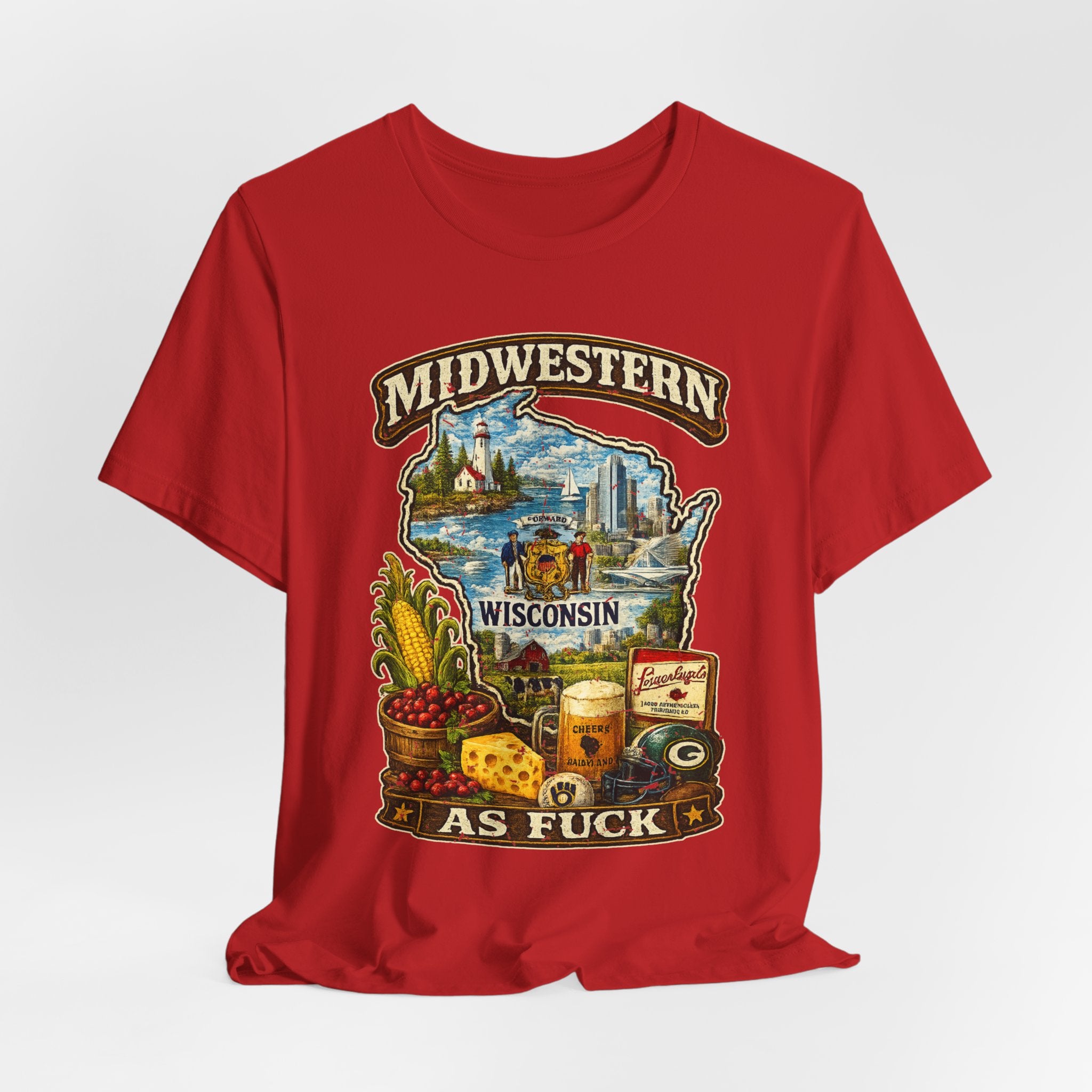 Midwestern As Fuck Wisconsin T-Shirt | Funny Wisconsin Pride Tee | Bella + Canvas 3001 | Vintage Cheesehead State Shirt