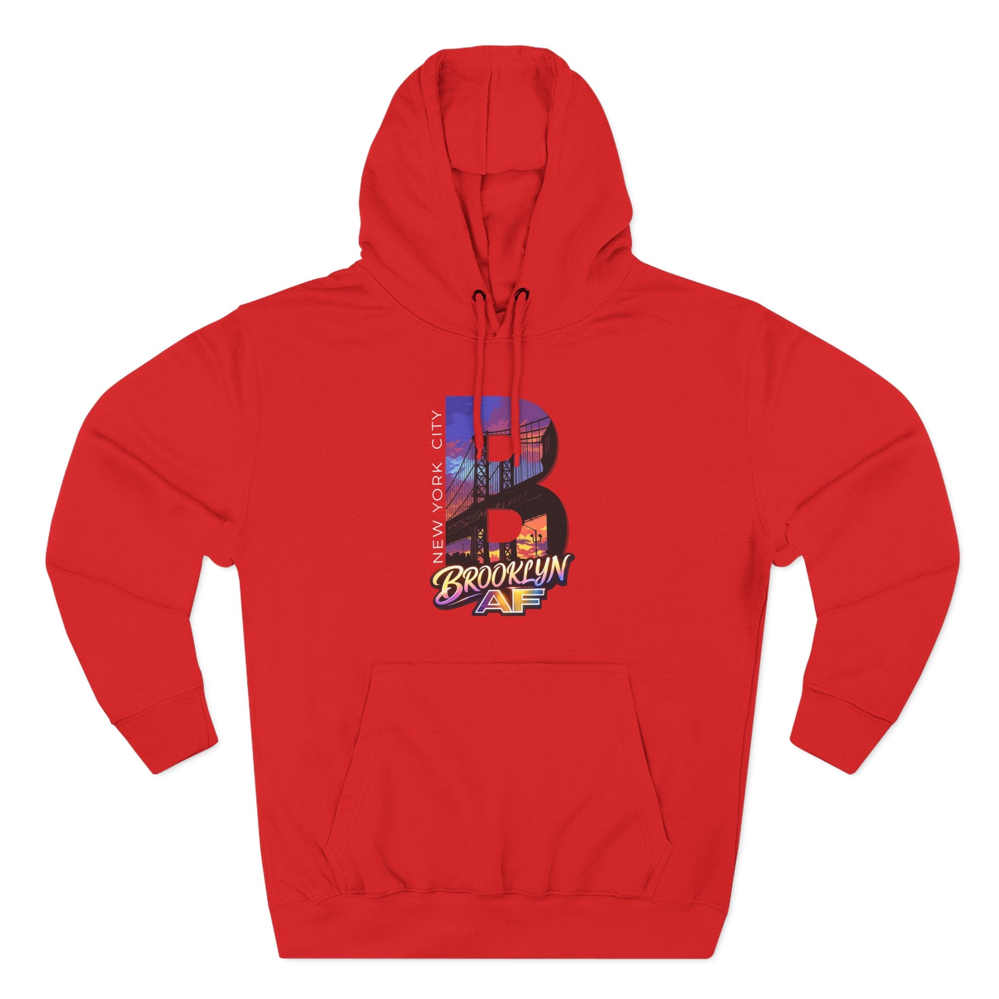 Red hoodie, plain front flat lay, highlighting the oversized "B" with a Brooklyn Bridge sunset skyline design.