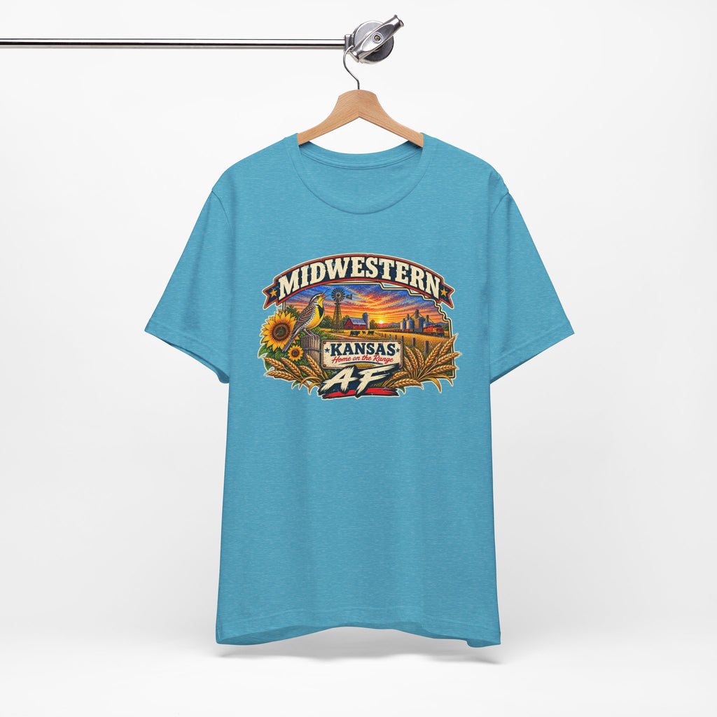 Heather aqua Kansas AF T-shirt on a wooden hanger