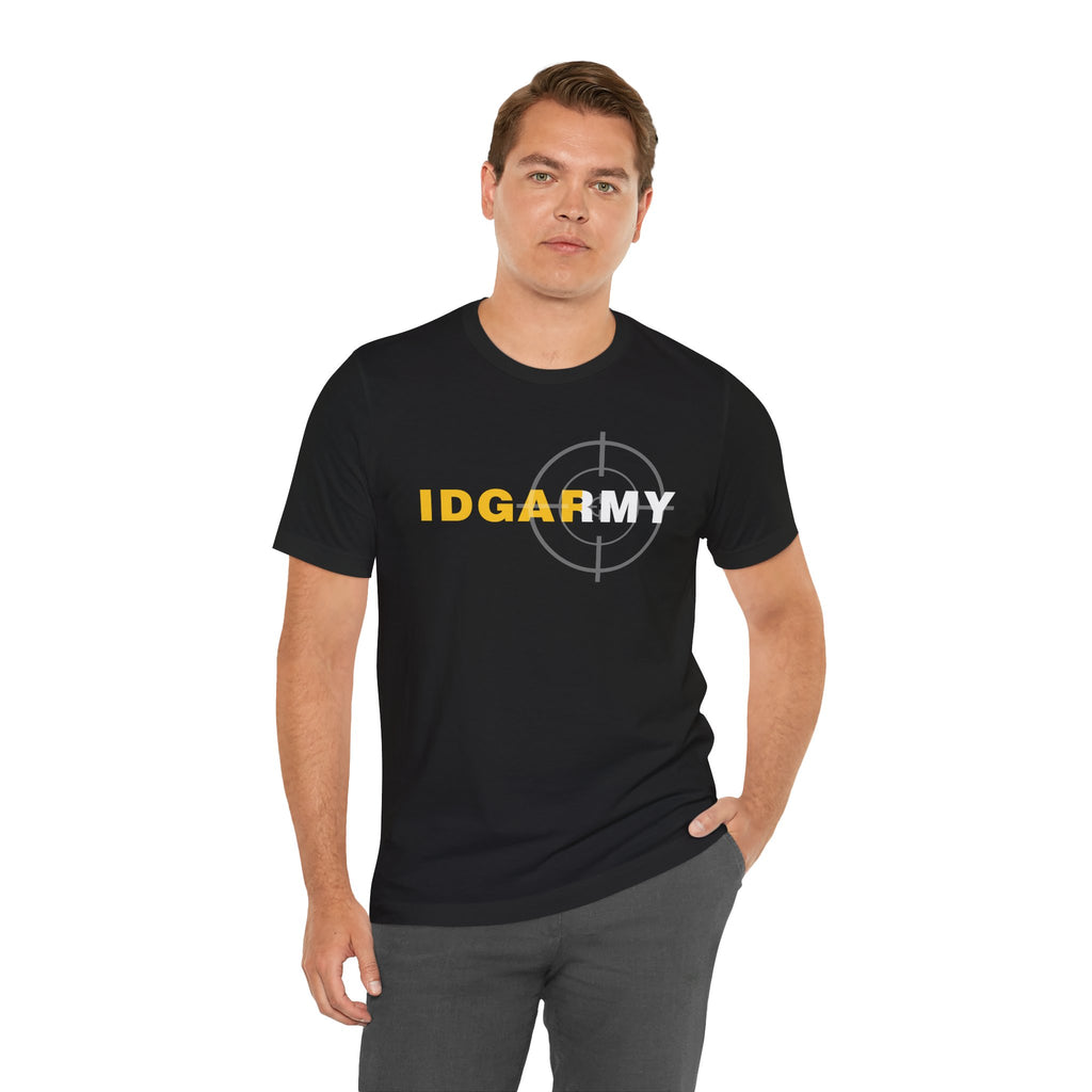 Man wearing the black IDGAF Army tee, gold and white front print across the chest