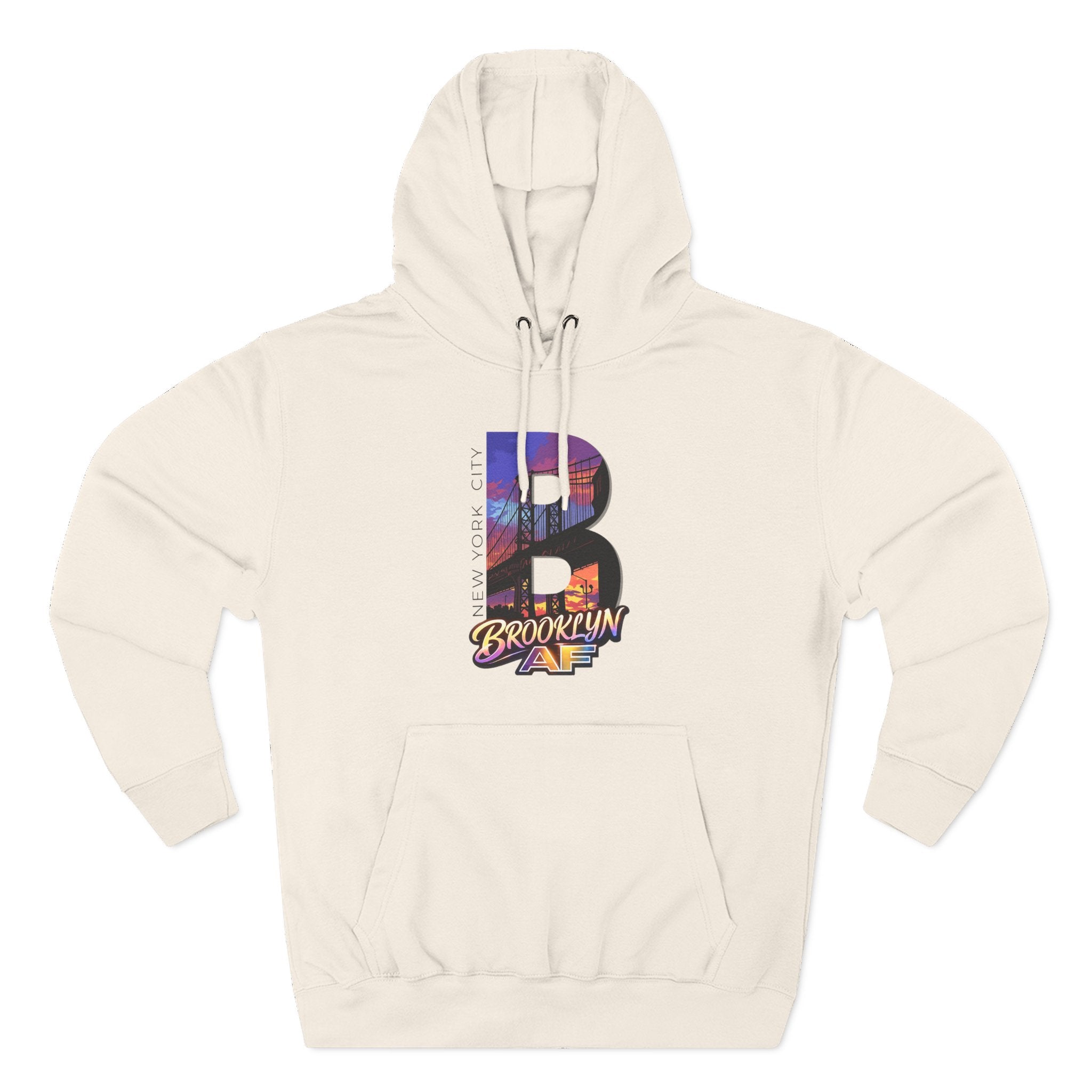 Oatmeal heather hoodie, flat lay front view, bold B with a Brooklyn Bridge sunset skyline graphic and Brooklyn AF logo.