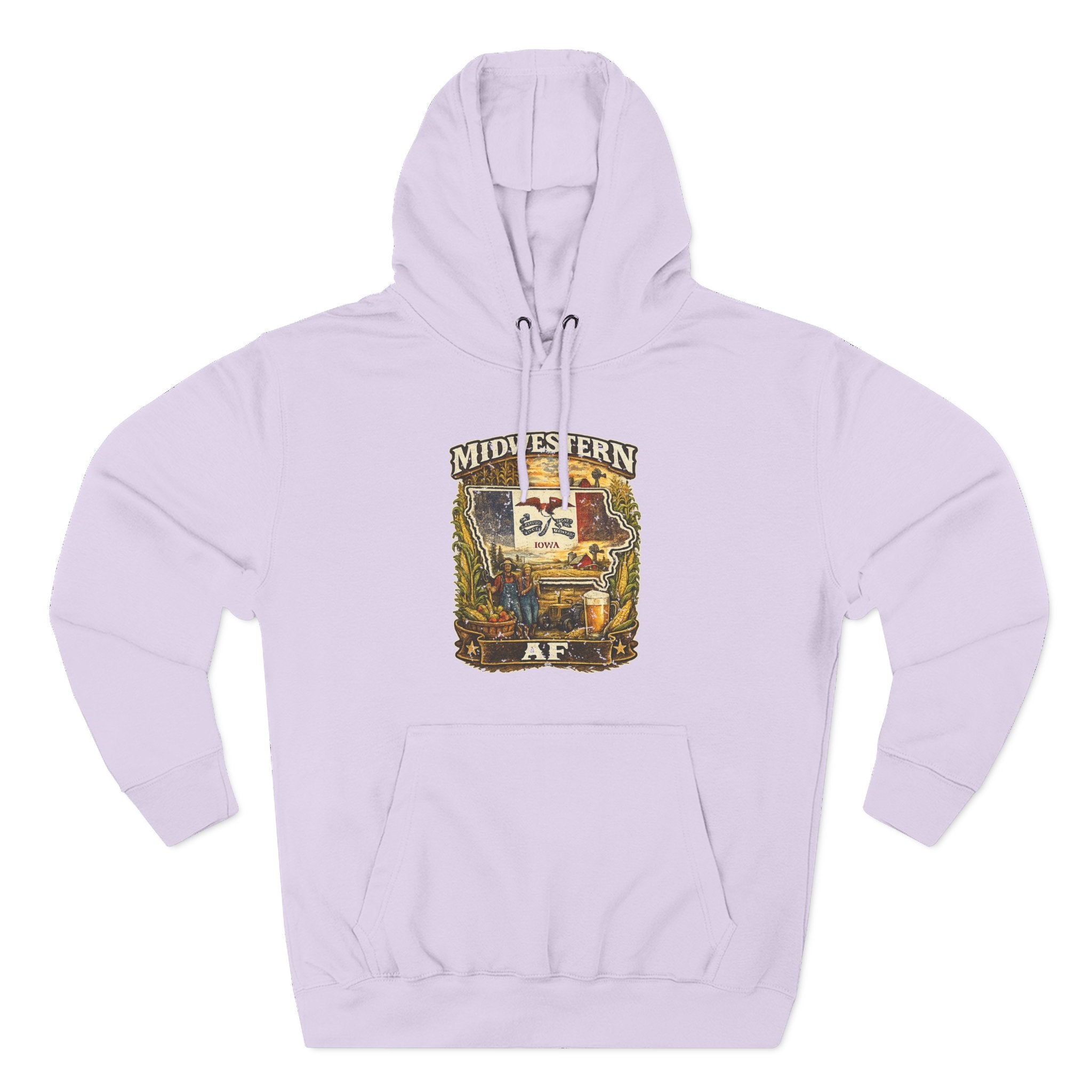 Family Friendly Midwestern AF Iowa Hoodie in Lilac – a distressed vintage design featuring the outline of Iowa overlaid with the Iowa state flag, surrounded by towering corn stalks, rolling farmland, a classic red barn, a windmill, a tractor, and an overflowing harvest basket