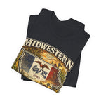 Slightly Salty Midwestern As F**K Iowa T-Shirt – product photo 27 featuring a distressed vintage design featuring the outline of Iowa overlaid with the Iowa state flag, surrounded by towering corn stalks, rolling farmland, a classic red barn, a windmill, a tractor, and an overflowing harvest basket