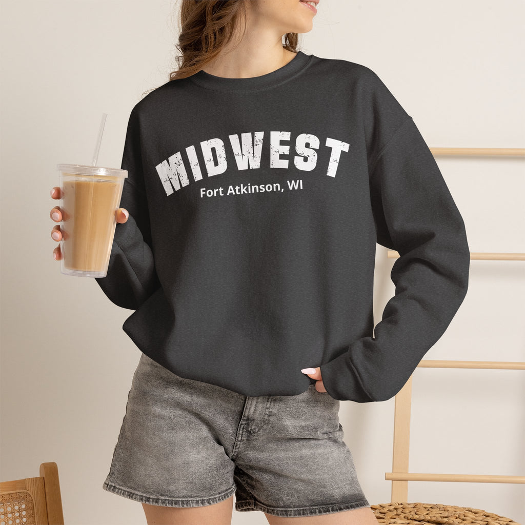 Dark grey Midwest sweatshirt worn with an iced coffee, Fort Atkinson, WI under the varsity print