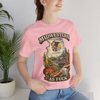 Midwestern As Fuck Illinois T-Shirt – product photo 16 featuring a distressed vintage design featuring the Illinois state outline overlaid with the state flag, surrounded by the Chicago skyline, the Chicago Theatre sign, The Bean, deep-dish pizza, a Chicago-style hot dog, and towering corn fields