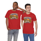 Two men wearing red Kansas As F**K T-shirts with the wheat and sunset badge