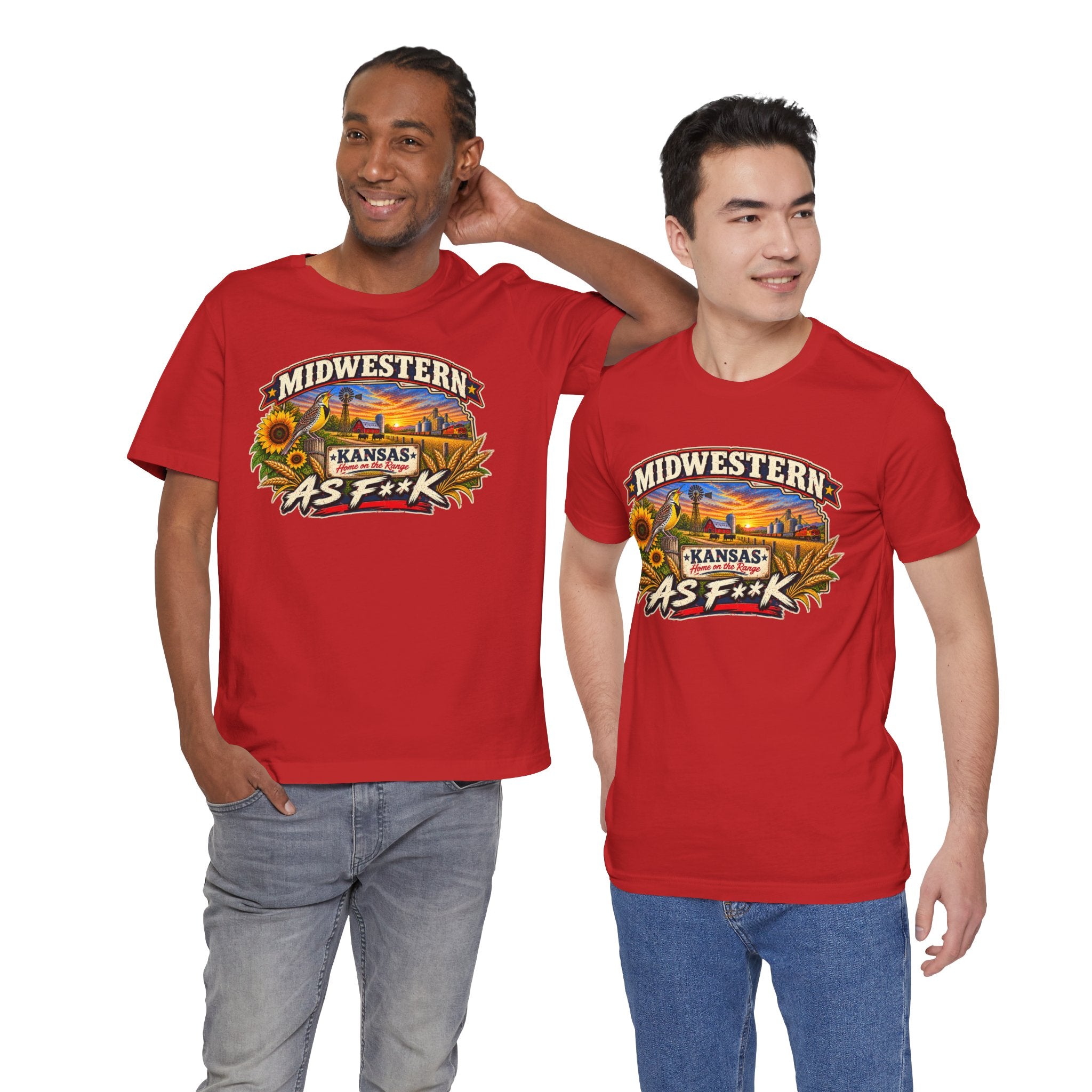 Two men wearing red Kansas As F**K T-shirts with the wheat and sunset badge