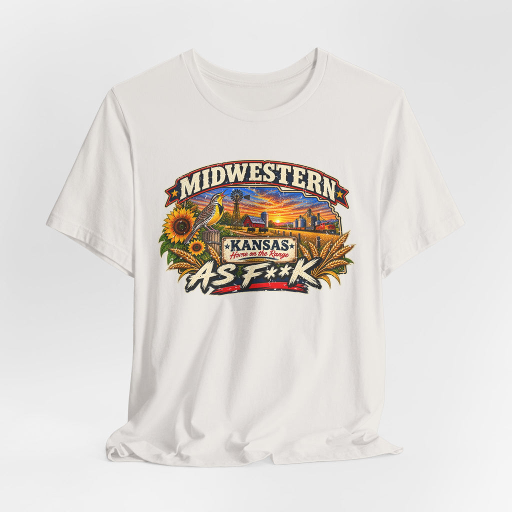 Natural vintage white Kansas As F**K T-shirt draped flat with the aged print
