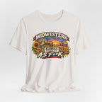 Natural vintage white Kansas As F**K T-shirt draped flat with the aged print