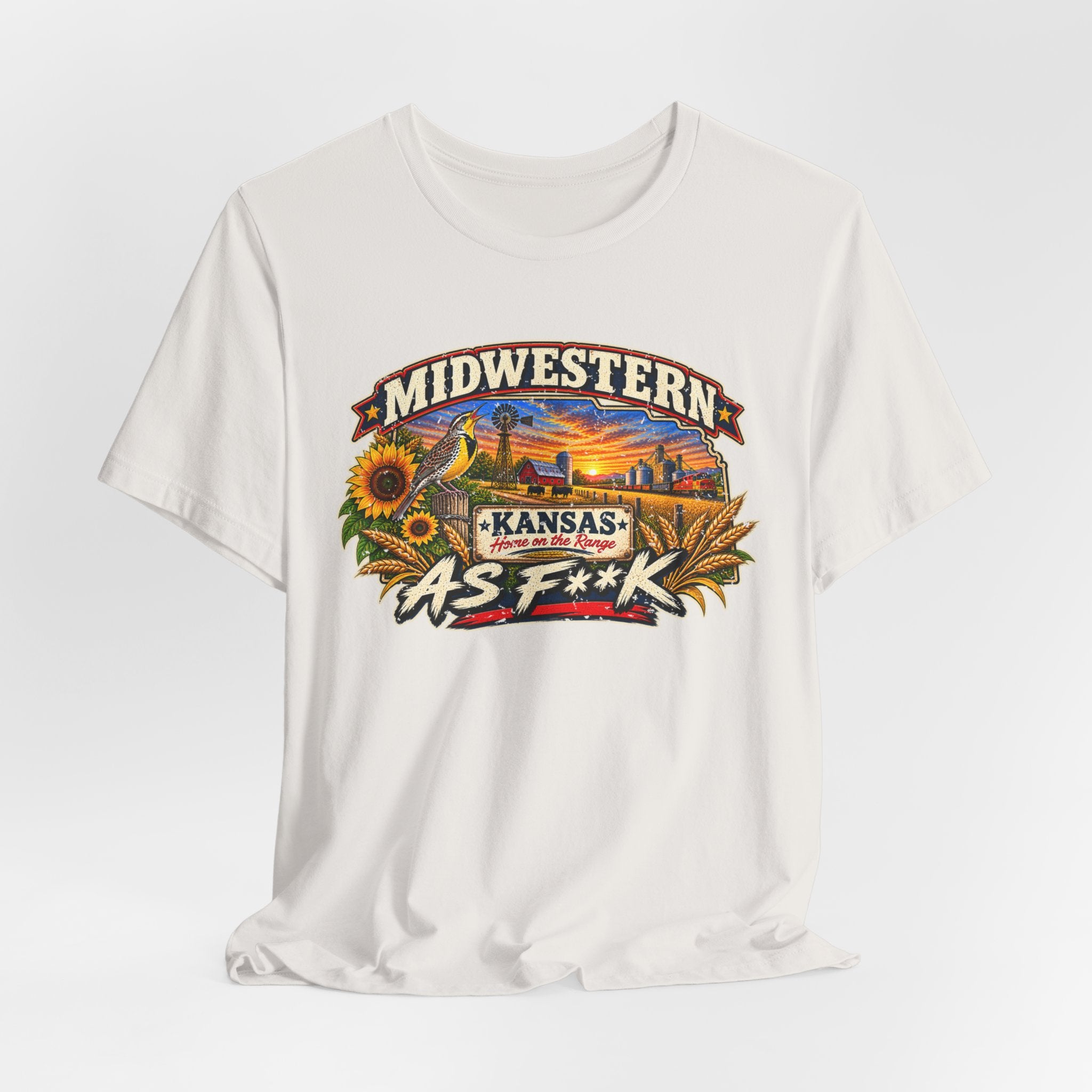 Natural vintage white Kansas As F**K T-shirt draped flat with the aged print