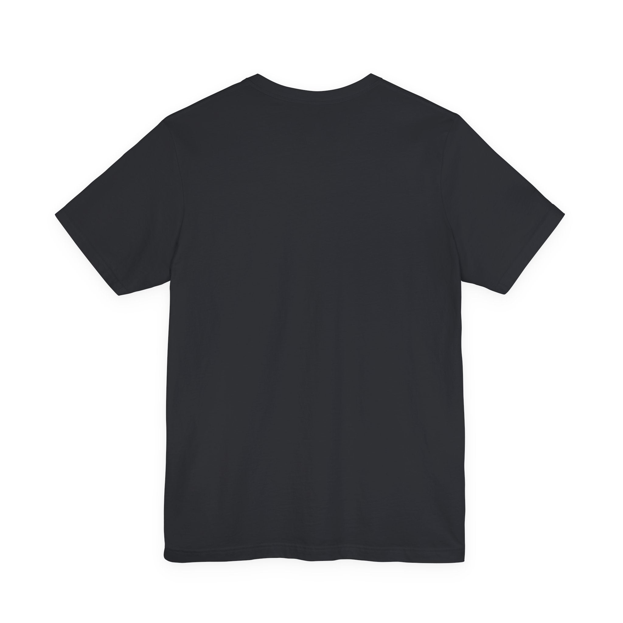 Black t-shirt worn by a model, back view showing the plain back with no graphic visible