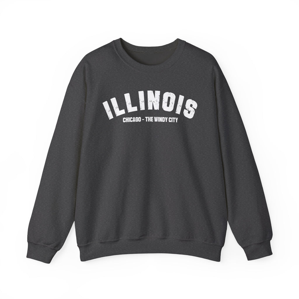 Illinois varsity sweatshirt in Dark Heather laid flat, white ILLINOIS above a custom city nickname line