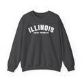 Illinois varsity sweatshirt in Dark Heather laid flat, white ILLINOIS above a custom city nickname line