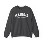 Illinois varsity sweatshirt in Dark Heather laid flat, white ILLINOIS above a custom city nickname line