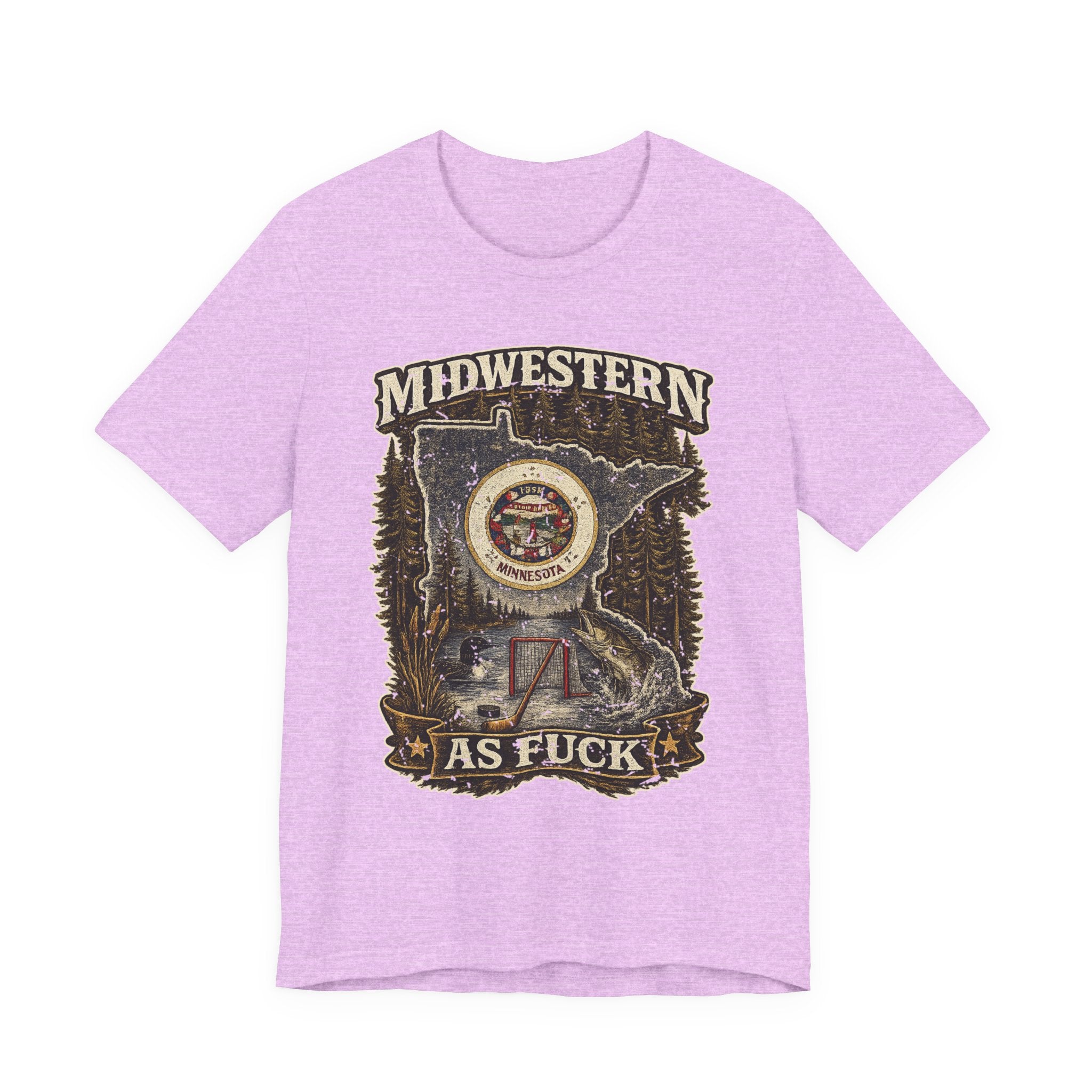 No Filter Midwestern As Fuck Minnesota T-Shirt in Heather Prism Lilac – distressed Minnesota state flag design with pine trees, loon and walleye