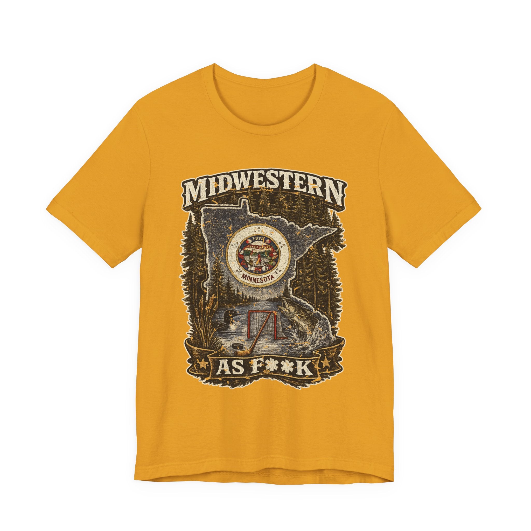 Slightly Salty Midwestern As F**K Minnesota T-Shirt in Mustard – distressed Minnesota state flag design with pine trees, loon and walleye