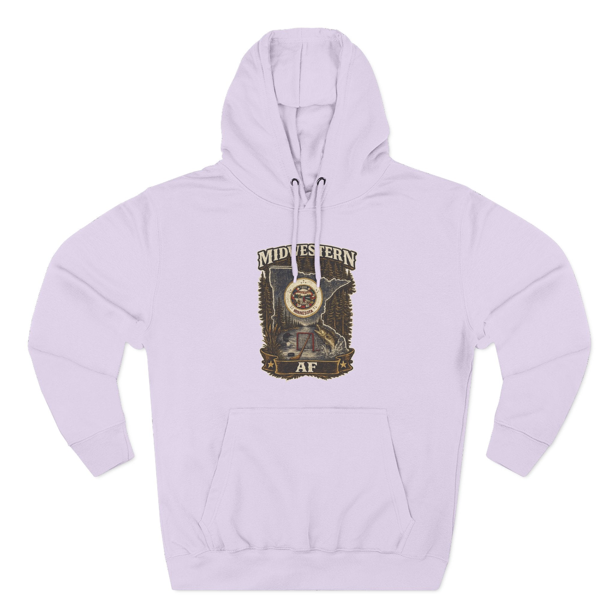 Family Friendly Midwestern AF Minnesota Hoodie in Lilac – distressed Minnesota state flag design with pine trees, loon and walleye