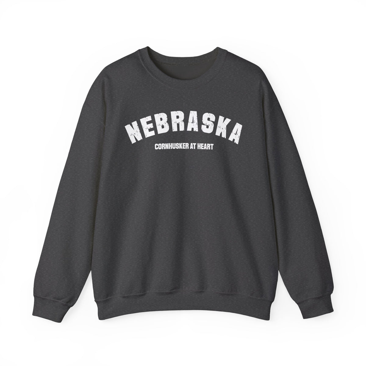 Dark Heather grey Nebraska crewneck laid flat, white varsity NEBRASKA print with a sample custom line