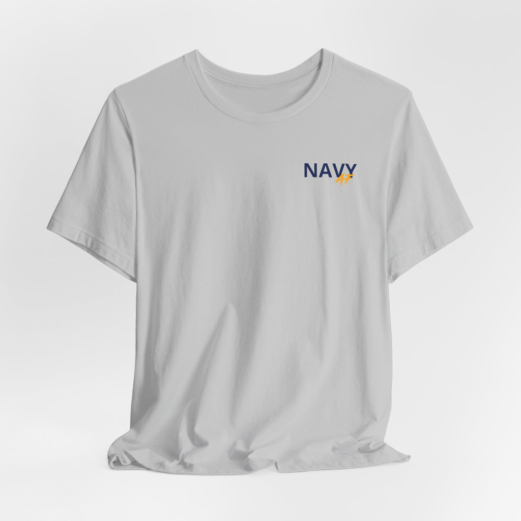Navy veteran T-shirt in Solid Athletic Grey shown draped with the NAVY chest print